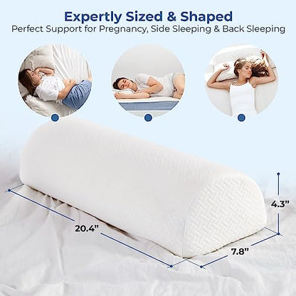  Half Moon Bolster Semi-Roll Pillow - Ankle And Knee Support - Leg Elevation - Back, Lumbar, Neck Pain Relief - Pad For Side And Stomach Sleepers - Premium Quality Memory Foam - Breathable Cover