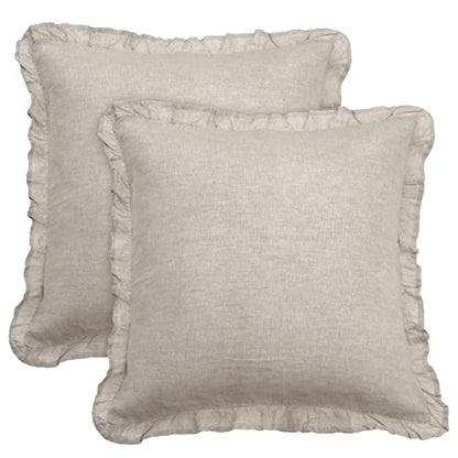  PHF 100% Linen Euro Sham With Ruffle, 26" X 26", Set Of 2, No Insert, Washed Soft French Flax Euro Throw Pillow Covers, Ultra Breathable Durable Comfy Euro Shams For Bed Couch Sofa, Linen