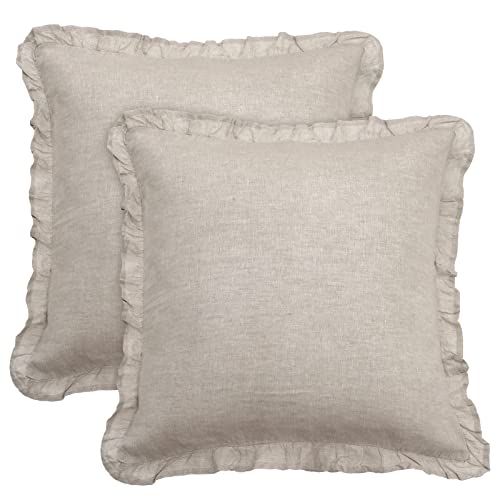  PHF 100% Linen Euro Sham With Ruffle, 26" X 26", Set Of 2, No Insert, Washed Soft French Flax Euro Throw Pillow Covers, Ultra Breathable Durable Comfy Euro Shams For Bed Couch Sofa, Linen