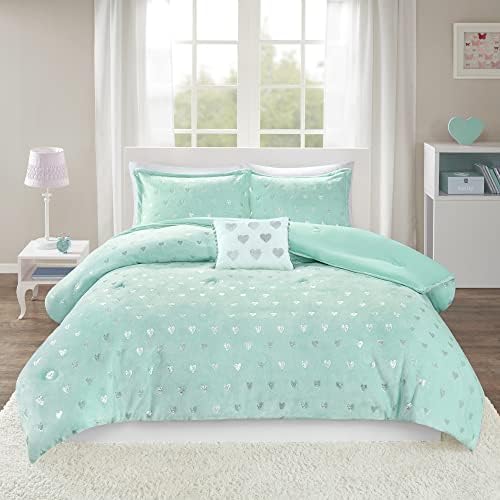  Mi Zone Rosalie Comforter Ultra-Soft Microlight Plush Metallic Printed Hearts Brushed Reverse Overfilled Down Alternative Hypoallergenic All Season Bedding-Set, Full/Queen, Purple/Silver, 4 Piece