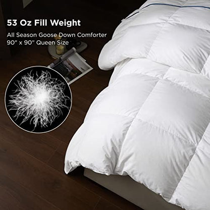  Goose Down Comforter Queen Size - Feather Down Comforter Queen For All Seasons, Extra Fluffy Queen Duvet Insert, 8 Corner Tabs, Machine Washable (90x90 Inches, 53 Oz)