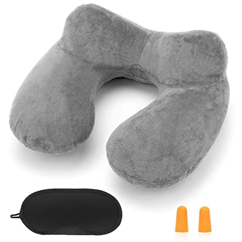  HITSZS Inflatable Travel Pillow For Airplane Inflatable Neck Pillow For Traveling With Soft Velvet Washable Cover For Sleeping, Airplane,Train, Car, Office, Contoured Eye Masks, Earplugs