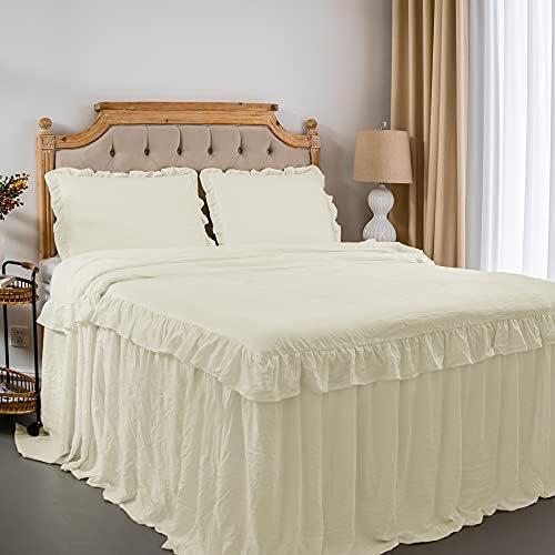  Rustic Ruffle Skirt Bedspread, Hand Made 30" Long Ruffle Skirt Coverlet, Natural Wrinkle Style For Kid, Baby （3 Pcs Set, Queen, White）