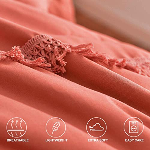  Queen Size Comforter Set, Burnt Orange Boho Tassel Down Alternative Filling Bed Sets - 90 X 90 3PC Soft Microfiber Chic Bohemian Farmhouse Bedding Duvet In A Bag For Women Men, Terracotta, Rust