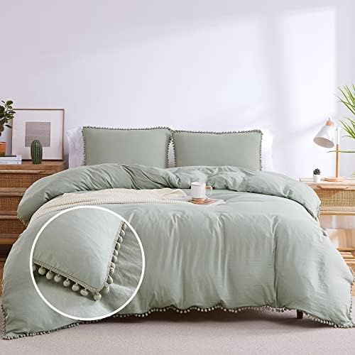  Pink Duvet Cover Queen Size, 3 Pieces Soft Washed Microfiber Duvet Cover Set With Boho Pom Pom Fringe, Pink, 90x90 Inches