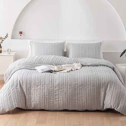  WARMDERN White Boho Duvet Cover Set Queen Size, Striped Textured Tufted Bedding Set, 3 Pcs Ultra Soft Washed Microfiber With Zipper Closure (Queen, White)
