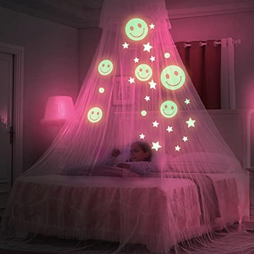 Bed Canopy For Girls Bedroom Decor With Fluorescent Stars Glow In Dark Mosquito Net Canopy Bed Curtains (Pink-Smile)