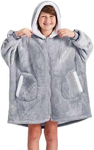  FAYBOX Wearable Blanket Hoodie With Zip For Kids,Fuzzy Warm Sherpa Comfy Oversized Hoodie Blanket Plush Sweatshirt-Light Grey