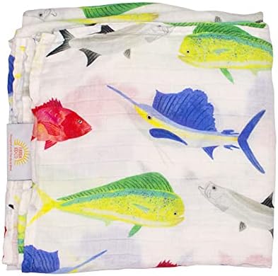  Florida Kid Co. Fish Baby Swaddle Blanket - 70% Bamboo/ 30% Cotton Muslin - Silky Soft, Breathable, Lightweight, Multipurpose, Nursery Shower Gift, Large - 47 In. X 47 In. Baby Essentials