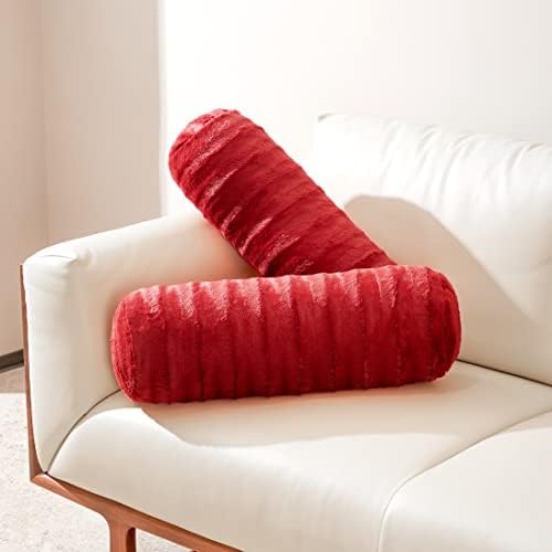  Cheer Collection Set Of 2 Faux Fur Bolster Pillows, Decorative Roll Pillow For Couch With Removable Washable Cover, Cylinder Neck Pillows For Bed, Chair Or Sofa, 8” X 24” Inch, White