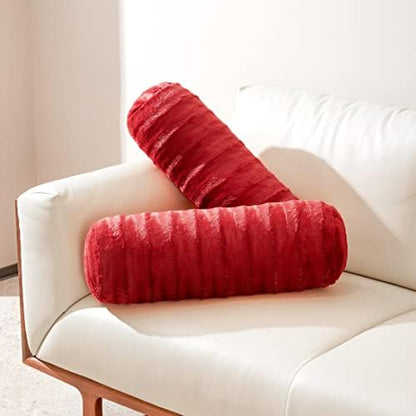  Cheer Collection Set Of 2 Faux Fur Bolster Pillows, Decorative Roll Pillow For Couch With Removable Washable Cover, Cylinder Neck Pillows For Bed, Chair Or Sofa, 8” X 24” Inch, White