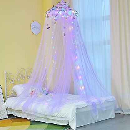 FIOBEE Bed Canopy For Girls Room Bed Canopy Curtains With Led Lights Mosquito Net DIY Princess Room Décor With Stars Butterflies For Kids Bedroom, Purple
