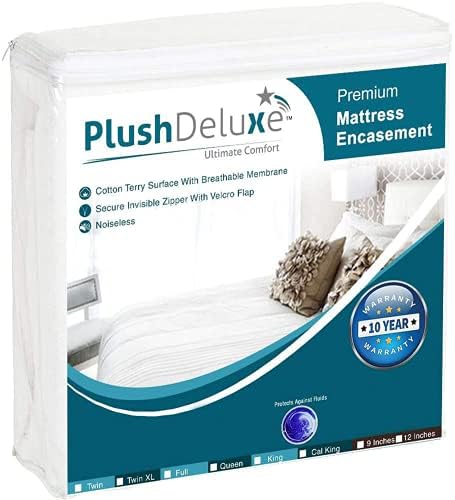  PlushDeluxe Premium Mattress Encasement - Zippered Waterproof BedCover, 6-Sided Protection - Hypoallergenic Terry Fabric - Protects Against Dust, Critters - [9-12"]Depth, Twin Size Mattress Protector