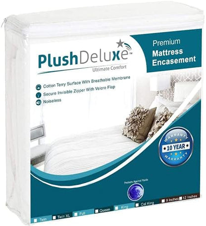  PlushDeluxe Premium Mattress Encasement - Zippered Waterproof BedCover, 6-Sided Protection - Hypoallergenic Terry Fabric - Protects Against Dust, Critters - [9-12"]Depth, Twin Size Mattress Protector
