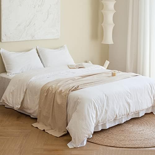  BISELINA French Linen Duvet Cover Set 3pcs With Hidden Zipper Closure Natural Flax Cotton Blend Solid Color Soft Breathable Luxury Farmhouse Bedding -King Size, White