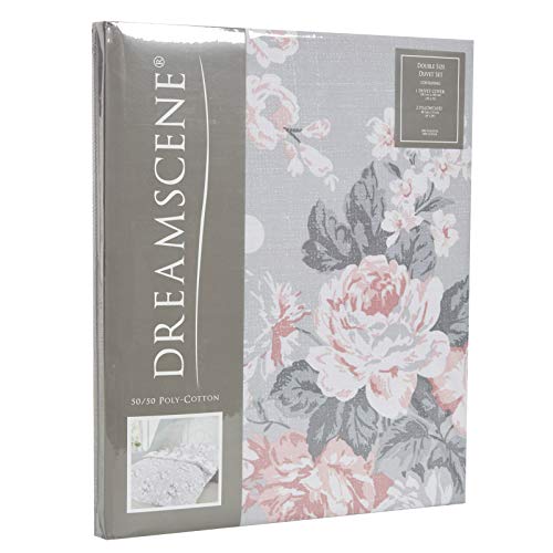  English Rose Duvet Cover With Pillow Case Reversible Floral Bedding Set, Grey Blush White - Single