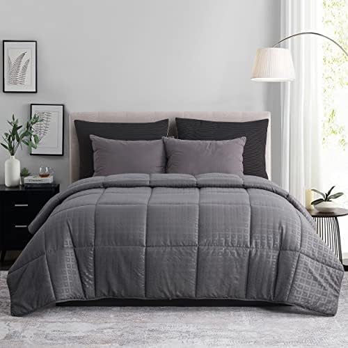  Ousidan Reversible Comforter Twin Size Down Alternative Quilt With Corner Tabs,Brushed Microfiber Cover Black/Dark Grey Comforter,Machine Washable,68x90Inches