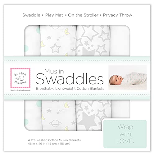  SwaddleDesigns Cotton Muslin Swaddle Blankets, Set Of 4, Pastel Pink Butterflies And Posies, 46x46 Inch (Pack Of 4)