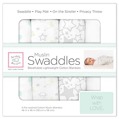  SwaddleDesigns Cotton Muslin Swaddle Blankets, Set Of 4, Pastel Pink Butterflies And Posies, 46x46 Inch (Pack Of 4)