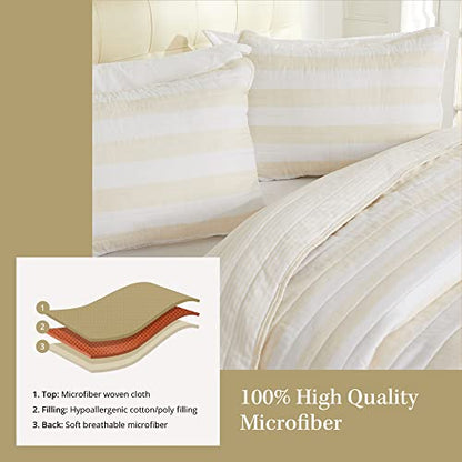  3 Piece King Quilt Set With Shams | Soft & Breathable For Spring & Summer | All-Season Quilt | Multi Layer Coverlet | Lightweight Bedspread | Boho Stripes | Bettina Collection (King, Parchment)
