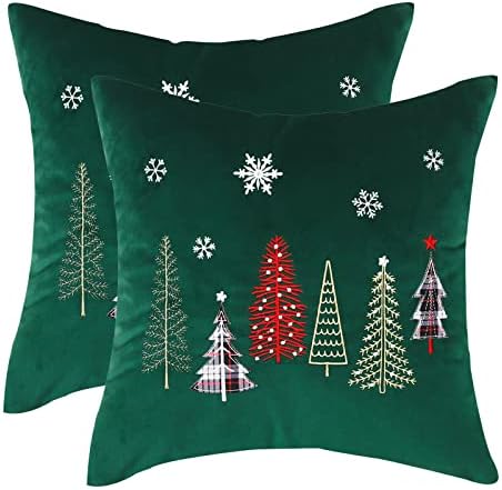  Tosleo Christmas Tree Throw Pillow Covers 16x16 Inch Pack Of 2 Christmas Decoration Forest Green Embroideried Throw Pillow Covers For Christmas Party Bed Sofa Cushion Car