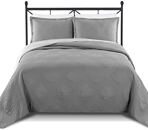 Unknown Luxe Bedding Solid Color Lightweight Oversize Cotton Filled Stitched 3-Piece Olive Leaves Bedspread Coverlet Set (King/California King, White / Peace)