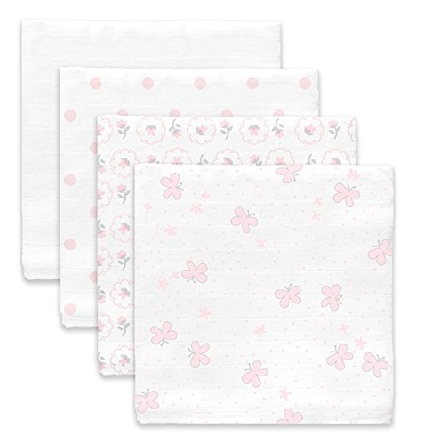  SwaddleDesigns Cotton Muslin Swaddle Blankets, Set Of 4, Pastel Pink Butterflies And Posies, 46x46 Inch (Pack Of 4)