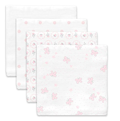  SwaddleDesigns Cotton Muslin Swaddle Blankets, Set Of 4, Pastel Pink Butterflies And Posies, 46x46 Inch (Pack Of 4)
