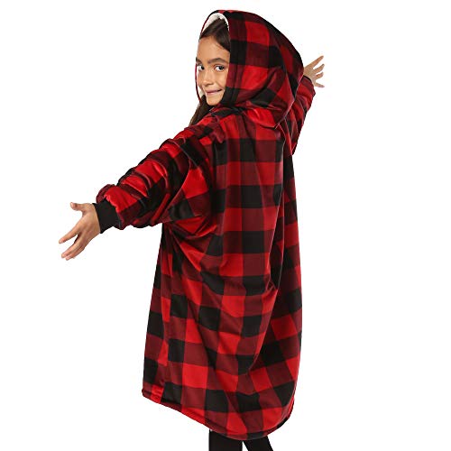  THE COMFY Original JR | The Original Oversized Sherpa Wearable Blanket For Kids, Seen On Shark Tank, One Size Fits All (Red Plaid)