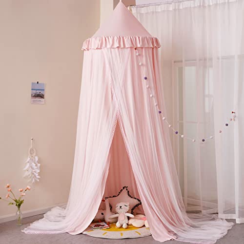  Kertnic Bed Canopy For Kids Room Double Layer Mosquito Net, Hanging Play Tent Children Reading Nook Canopies, Round Dome Princess Castle Dreamy Bedding For Girls Room House Décor (Beige Pink)