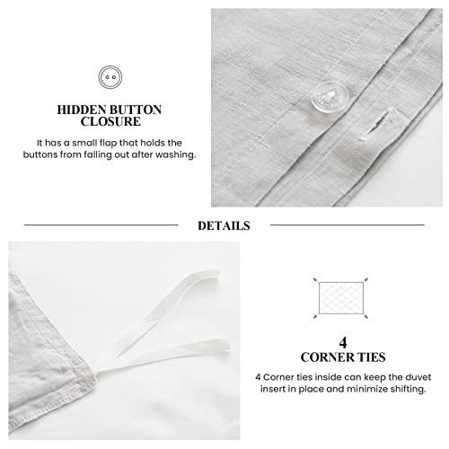  Simple&Opulence 100% Linen Duvet Cover Set Comforter King Size (104" X 92")-3pcs French Washed Flax Textured Soft Bedding With Striped Detail, 1 Duvet Cover And 2 Pillowcases (Grey)
