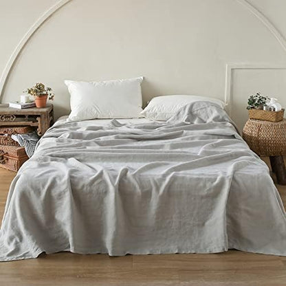  Simple&Opulence French Linen Flat Sheet With Embroidered Border-100% Stone Washed Flax Bedding,Queen Size(90''x102'') Ultra Soft,Breathable Flat Top Sheet-1 Piece Bed Flat Sheet Only(Linen)