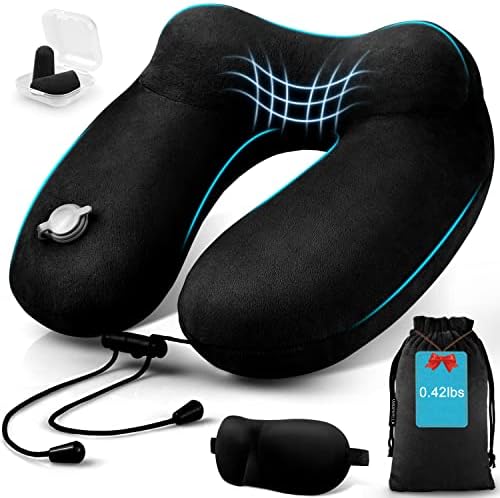  Urophylla Inflatable Travel Pillow For Airplane, Inflatable Neck Pillow For Traveling With 3D Contoured Eye Masks, Adjustable Neck/Chin Support Pillow For Trains, Cars, Large (Green)