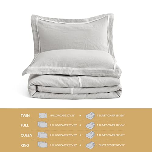  Simple&Opulence 100% Linen Duvet Cover Set Comforter King Size (104" X 92")-3pcs French Washed Flax Textured Soft Bedding With Striped Detail, 1 Duvet Cover And 2 Pillowcases (Grey)
