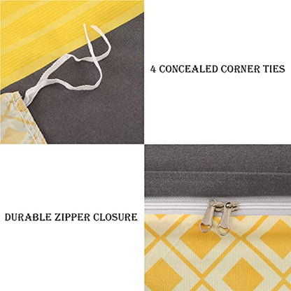  Yellow Duvet Cover Set Queen Size, 90" X 90" Soft Microfiber Duvet Covers With Geometric Pattern, 3 Pieces Reversible Duvet Cover Zipper Bedding Sets For All Seasons, Yellow & Grey