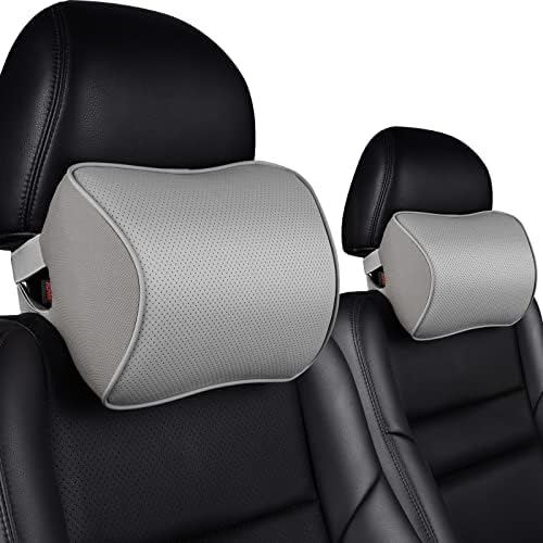  Aukee Car Headrest Pillow With Genuine Leather Cover Memory Foam Neck Cushion For Driving Home Office Black (Pack Of 2)