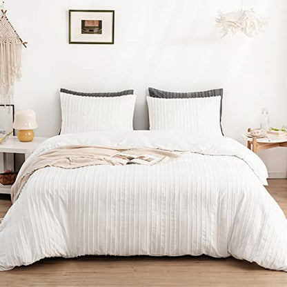 WARMDERN White Boho Duvet Cover Set Queen Size, Striped Textured Tufted Bedding Set, 3 Pcs Ultra Soft Washed Microfiber With Zipper Closure (Queen, White)