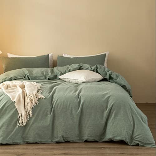  ELIMMO Duvet Cover Set Linen Texture 100% Cotton Fabric Durable Breathable Natural Dreamy Chic Feel (Beige Grey, Queen)