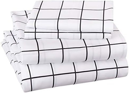  Amazon Basics Soft Microfiber 4 Piece Sheet Set With Elastic Pockets, Full, Black Grid, Geometric