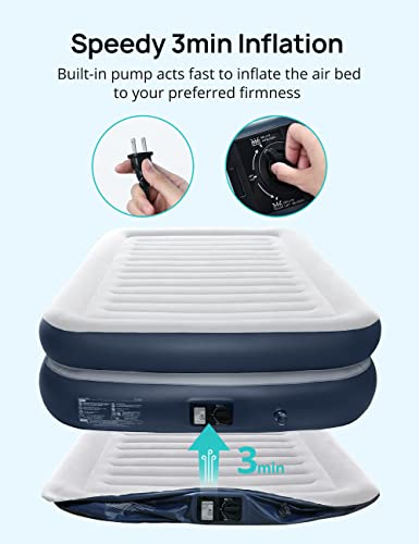  Full Size Air Mattress With Built In Pump, 18'' Inflatable Luxury Double High Blow Up Mattress, Easy To Inflate/Quick Set Bed, Durable Portable Waterproof Blue & Grey (EJ-HF001)