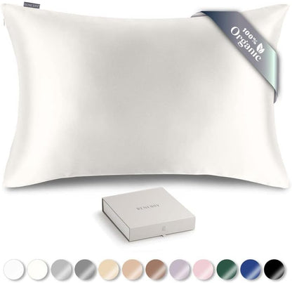  RENESSY Organic Silk Pillowcase - 100% Organic Mulberry Silk, 22 Momme, Naturally Hypoallergenic, Promotes Hair And Skin Health, 1 Piece (Queen Size 20x30 Inches, Natural Silk Off-White)
