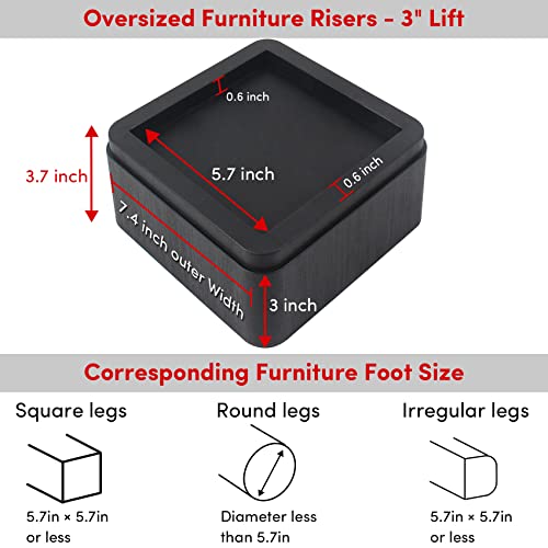  DEDU Oversized Bed Risers Heavy Duty Stackable 4 Pack, Furniture Risers For Sofas 3 Inch Or 6 Inch Supports Up To 11000 Lbs, Square Bed Raising Blocks Fits 5.5 Inch Wide Desk Or Couch (Black)