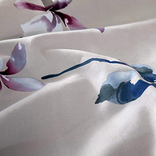  Eikei Modern Watercolor Flowers Print Duvet Quilt Cover 3pc Set Lilac Orchid Magnolia Blossom Leaf Branches Cotton Sateen 300tc Luxury Floral Bedding (Twin, Beige)
