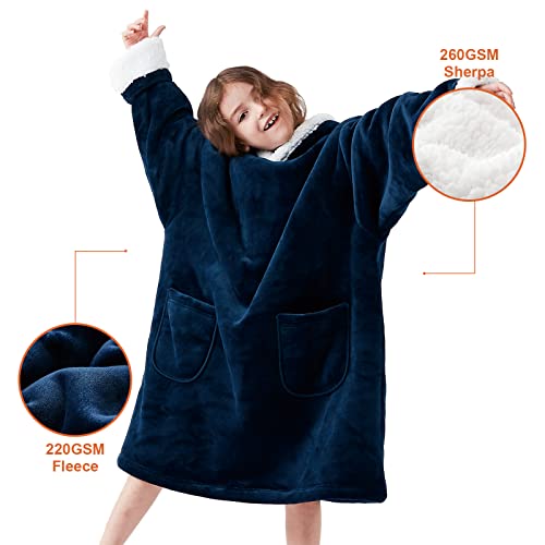  EHEYCIGA Wearable Blanket Hoodie For Kids, Hoodie Blanket With Pockets And Sleeves Sweatshirt Blanket For Teens - Navy Kids