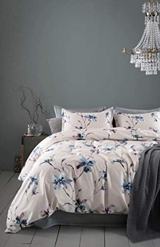  Eikei Modern Watercolor Flowers Print Duvet Quilt Cover 3pc Set Lilac Orchid Magnolia Blossom Leaf Branches Cotton Sateen 300tc Luxury Floral Bedding (Twin, Beige)