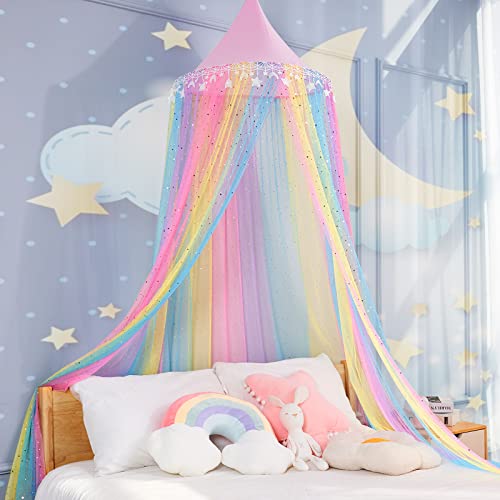  Rainbow Bed Canopy For Girls,Shiny Kids Princess Round Dome Bed Curtain With Star Moon Glitter,Kids Crib Canopy Play Tent Canopy Dreamy Bed Netting For Girls Bedroom Decor Children Reading Corners