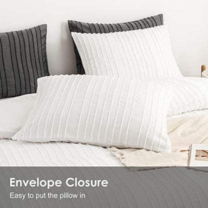  WARMDERN White Boho Duvet Cover Set Queen Size, Striped Textured Tufted Bedding Set, 3 Pcs Ultra Soft Washed Microfiber With Zipper Closure (Queen, White)