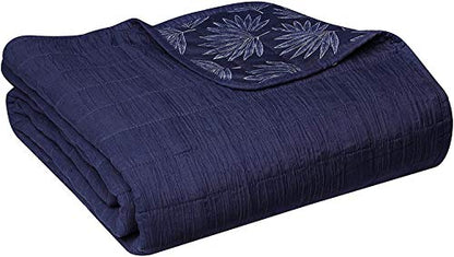  Luxury All Season Ultra Soft Enzyme Washed Reversible 1-Piece Quilt Coastal Pattern Crinkle Coverlet Bedspread, Full/Queen, Navy Blue Palm Leaves