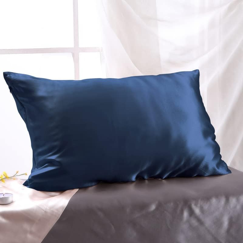  100% Natural Mulberry Silk Pillowcase For Hair And Skin Luxury 25 Momme Mulberry Silk Pillow Cases With Hidden Zipper Closure, Navy Blue, Queen