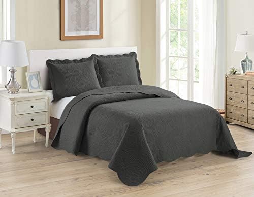 Better Home Style 3 Piece Luxury Ultrasonic Embossed Floral Design Solid Color Quilt Coverlet Bedspread Oversized Bed Cover Set # Mimi (Sage Green, King/Cal-King)